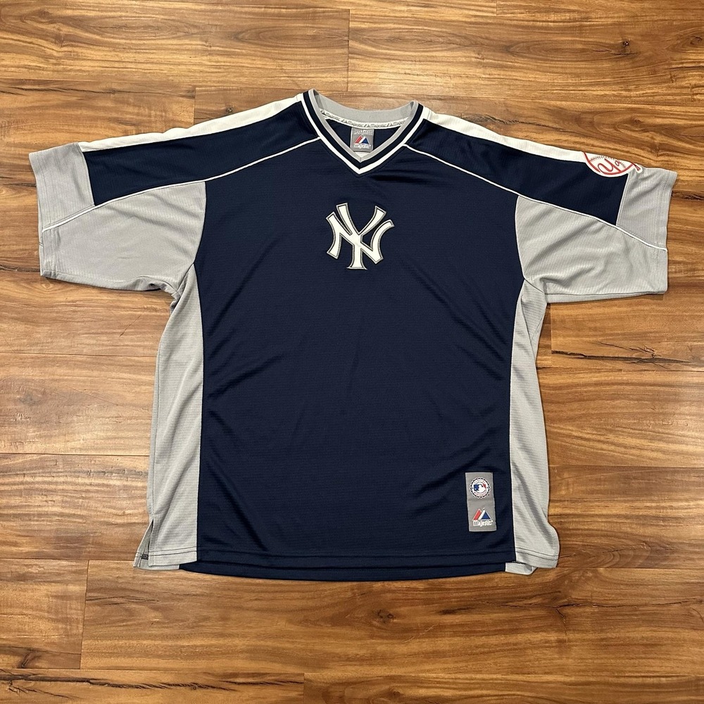New York Yankees Jersey Mens Large Blue MLB Baseball Majestic V Neck Pullover